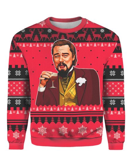 Discover Leo Laughing Meme Ugly Christmas Sweaters, Movie lover Christmas ugly sweater