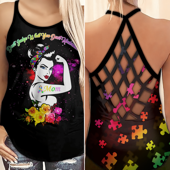 Discover Autism Awareness Strong Mom & Autism Pieces Criss Cross Open Back Tank Top