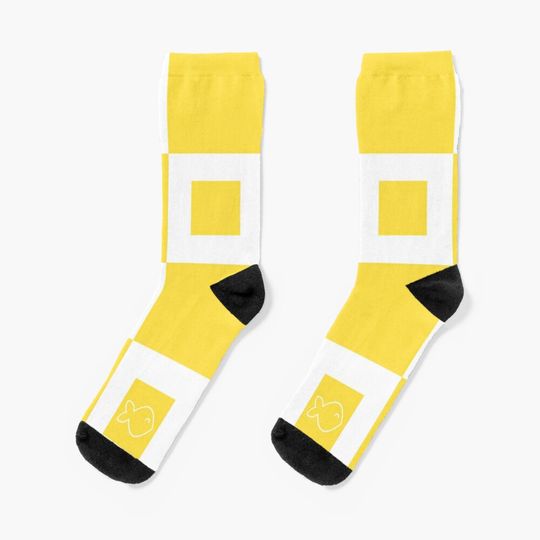 Discover Cat & Fish on Yellow Square Checkered Pattern Socks