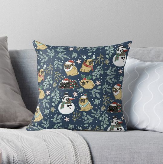 Discover Christmas Pugs Throw Pillow