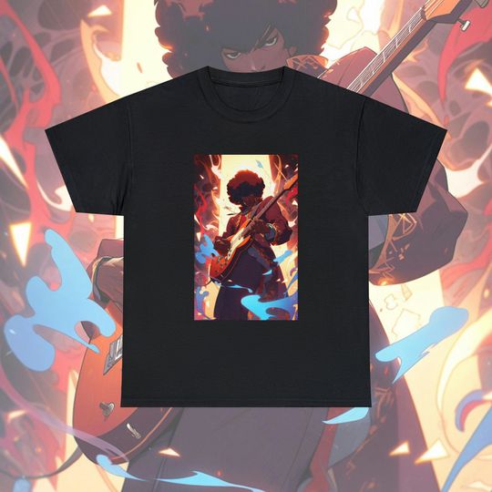 Discover NEW Jimi Hendrix Anime Vibrant Guitar Design T-Shirt Sizes S-5XL Black Tee FREE S+h