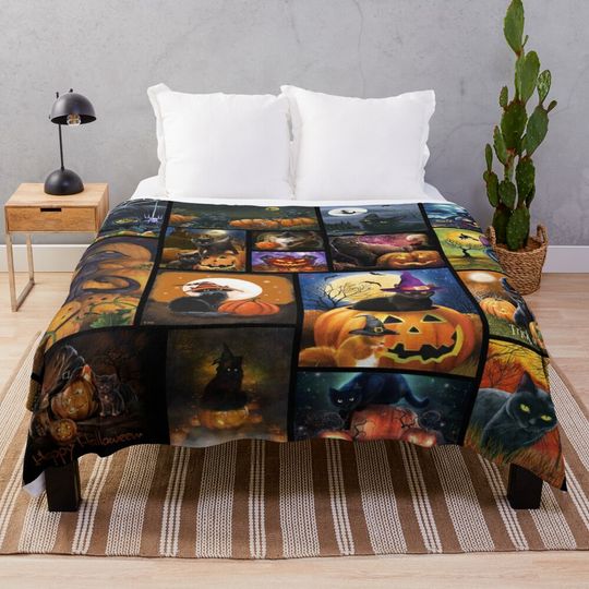 Discover Black Cat Pumpkin Witch Trick Or Treat Happy Halloween Throw Blanket