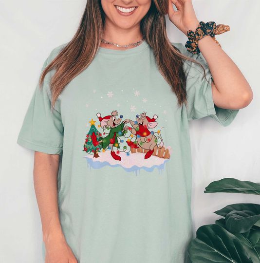 Discover Cute Cinde Santa Shirt, Jaq And Gus Christmas Lights Shirt