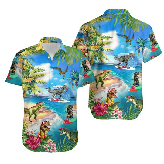 Discover Dinosaur Blue Ocean Dinosaur Casual Hawaiian Shirt