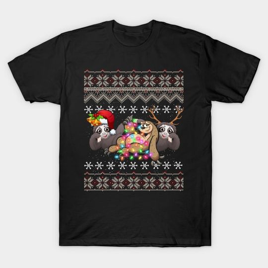 Discover Funny Christmas Three Sloth Cute Kids Gift Love Lights Santa T-Shirt