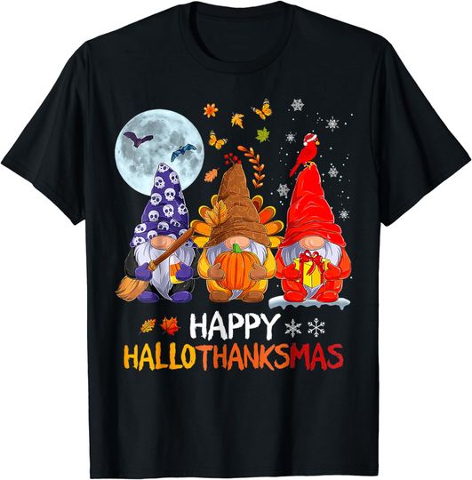 Discover Halloween Thanksgiving Christmas Happy HalloThanksMas Gnomes T-Shirt