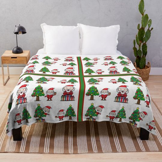 Discover Santa's Christmas Present Pattern Border Throw Blanket