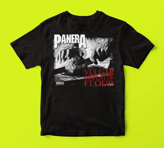 Discover PANERA Vulgar Display Of FLOUR Metal Band Parody Spoof Mayhem Skull Shirt
