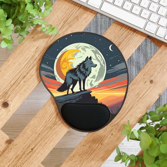 Discover Wolf in front of moon Mouse Pad With Wrist Rest