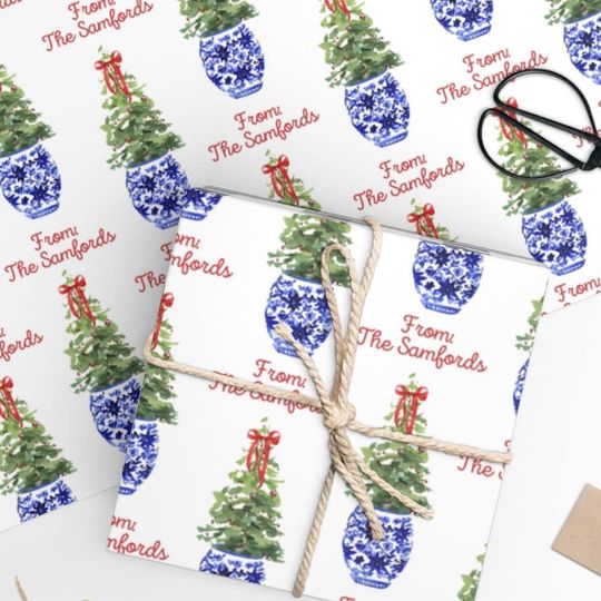 Discover Christmas Tree Chinoiserie Wrapping Paper | White Background | Christmas Gift Wrap