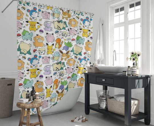 Discover PKM themed shower curtain, cute bathroom decor