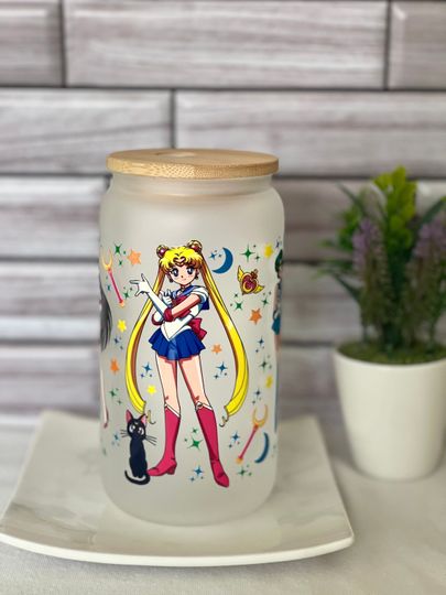 Discover Sailor Moon crew Libbey glass can cup with lid and straw 16 oz