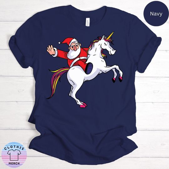 Discover Santa Riding Unicorn Fun Best Christmas Hanukkah Present Tee Shirt