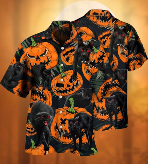 Discover Halloween Black Cat Pumpkin Ghost Hawaiian Shirt