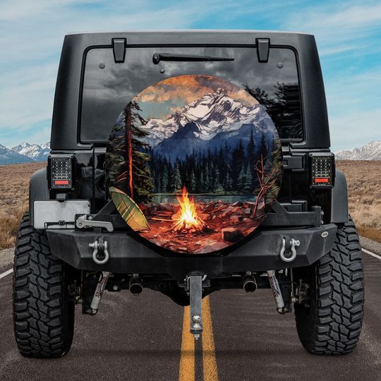 Discover Watercolor Mountain Camping Adventure Spare Tire Cover