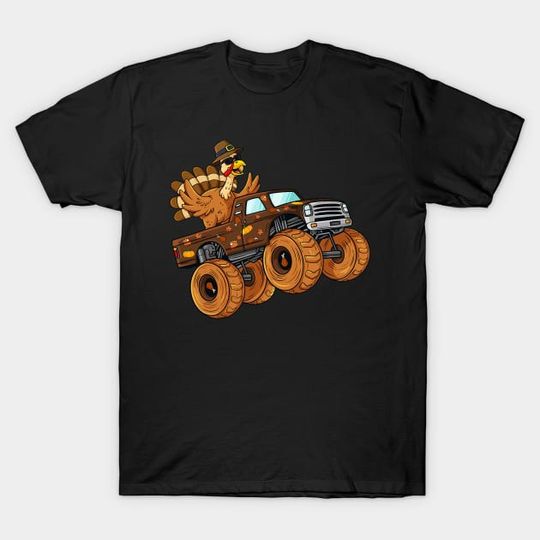 Discover Thanksgiving Turkey Riding Monster Truck Boys Kids T-Shirt