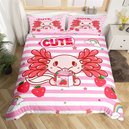 Discover Cute Axolotl Handmade Bedding Set, Cartoon Strawberry Milk Fruit Rainbow