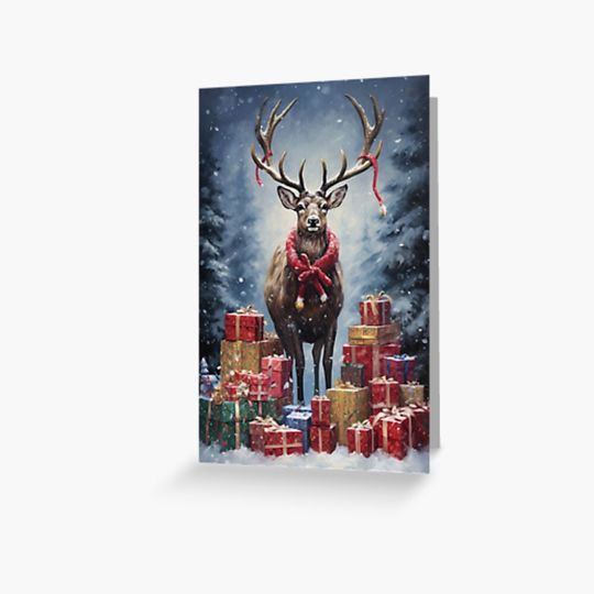 Discover Reindeer with a stack of Christmas Presents Greeting Card