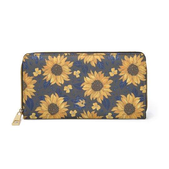 Discover Navy Sunflowers Gold Zipper Wallet - Floral Sun Flower Pattern Nature Lover's Garden