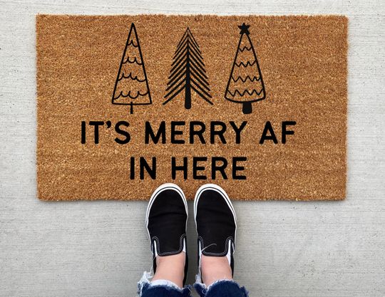 Discover It's Merry AF in Here Christmas doormat