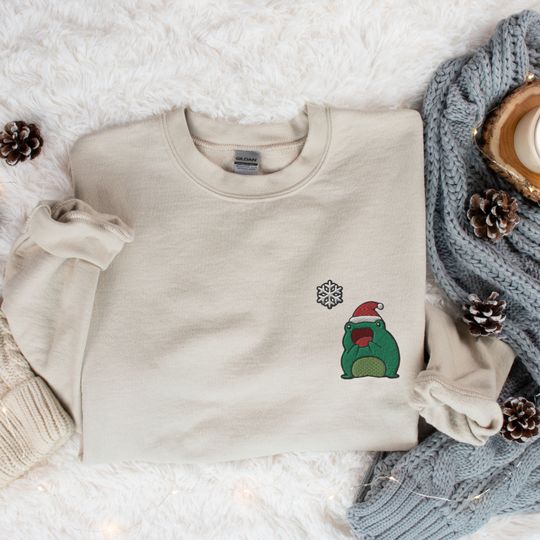 Discover Embroidered Christmas Frog Sweatshirt, Frog Christmas Sweater, Holiday Embroidered Sweater Pullover
