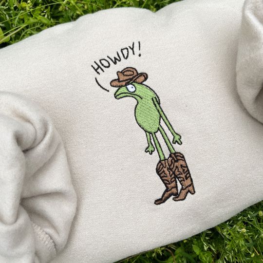 Discover western howdy frog embroidered crewneck sweatshirt, Cute whimsical cottage core hoodie
