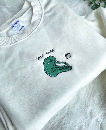 Discover Funny Frog Self Care Embroidered Sweatshirt