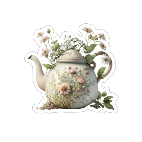 Discover Cottagecore Teatime Vibes Cottage Sticker, Blush Flower Teapot Sticker