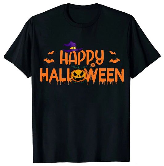 Discover Happy halloween with scary pumpkin face and witch hat T-Shirt