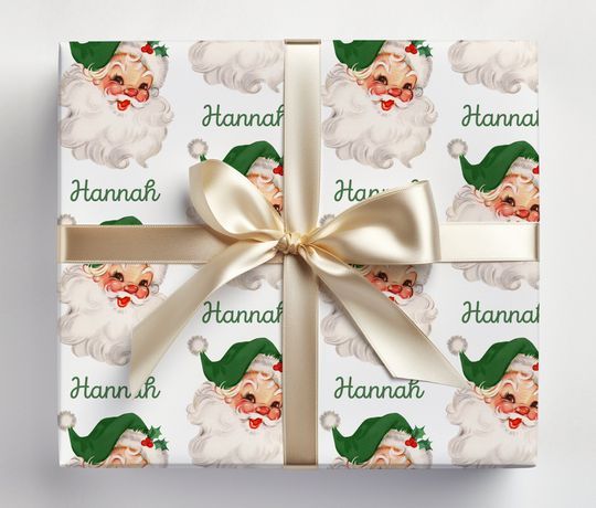 Discover Green Santa Hat Name Wrapping Paper | Looking Santa Wrapping Paper