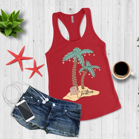 Discover Beach Palm Tree Christmas Workout Tank Top,  Tropical Merry Christmas