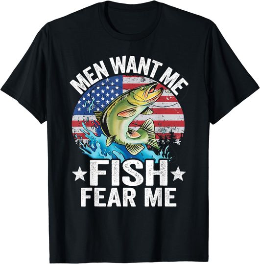 Discover Men Want Me Fish Fear Me Fisherwoman US Flag Women Fishing T-Shirt