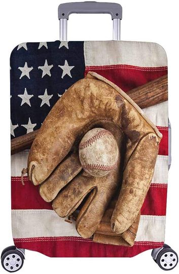Discover Funny Baseball Glove Bat on American Flag Travel Luggage Cover