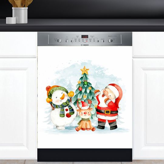 Discover Watercolor Santa Claus Snowman Deer Christmas Tree Dishwasher Cover