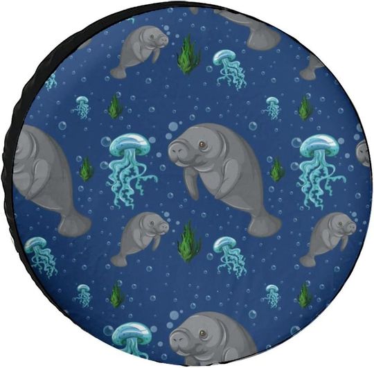 Discover Manatee and Jellyfish Spare Tire Cover Funny Wheel Protector