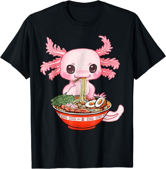 Discover Kawaii Axolotl Eating Ramen Noodles Anime Gift Girls Teens T-Shirt