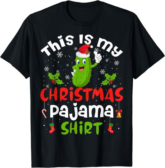 Discover This Is My Christmas Pajama Shirt Pickle Cucumber Santa Hat T-Shirt