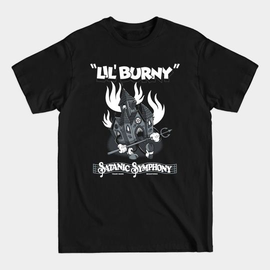 Discover Lil Burny - Satanic Symphony - Vintage Cartoon Burning Church - Satan - T-Shirt