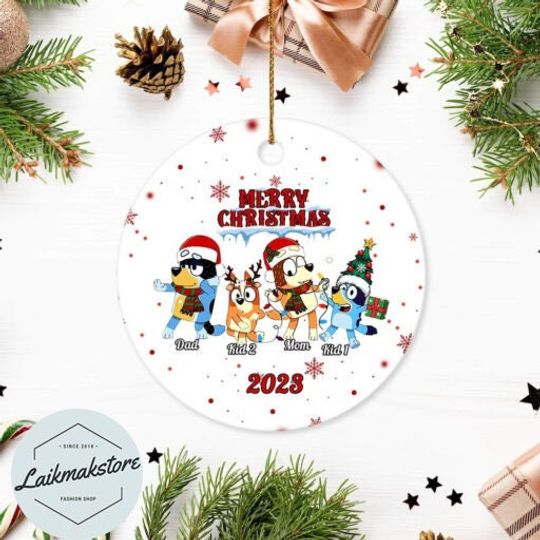Discover Custom Christmas Family Blu.ey Ornament, Blue Dog Family Round Ceramic Christmas