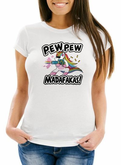 Discover Women's Pew Pew Madafakas Evil Unicorn Rainbow Unicorn Slim Fit T-Shirt