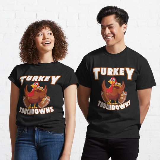 Discover Turkey and Touchdowns Thanksgiving Football Men Kids Women T-Shirt