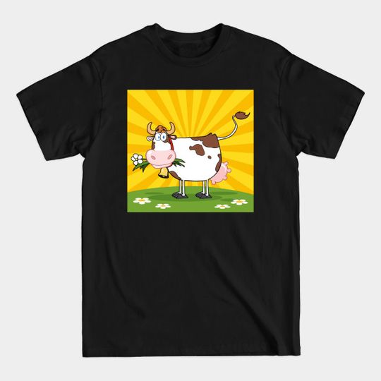 Discover Cartoon Cow With Flower In Mouth - Cow - T-Shirt