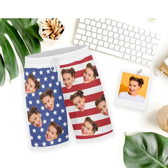 Discover Custom Face Swim Trunk for Men, personalized trunk, Man Bathing Suit American Flag Face Gym Shorts