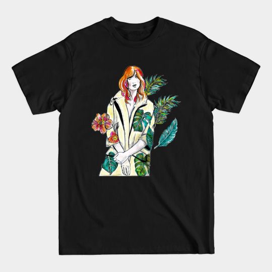 Discover Woman with Red hair in a yellow floral coat - Fashion Illustration. - Flower Crown - T-Shirt