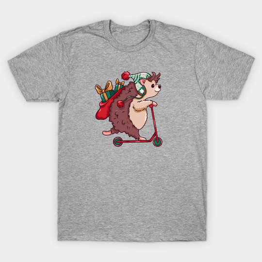 Discover Cute Cartoon Christmas Hedgehog on Scooter - Hedgehog Christmas - T-Shirt
