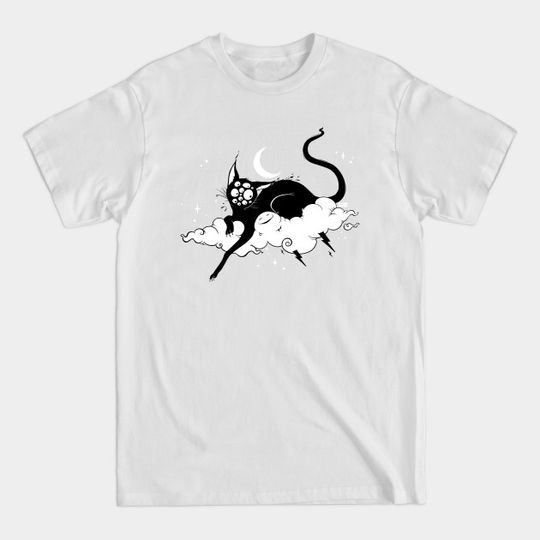 Discover Strange Many Eyed Black Cat On Cloud With Lighting Bolt - Cat - T-Shirt
