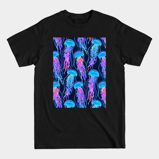 Discover Luminescent Rainbow Jellyfish on Navy Blue - Jellyfish - T-Shirt