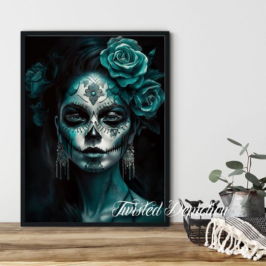 Discover TEAL Day Of The Dead Girl 2, Sugar Skull Art, Da de los Muertos, la calavera