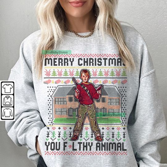 Discover Merry Christmas You Filthy Animal Sweatshirt - Fun Holiday Movie Inspired Design