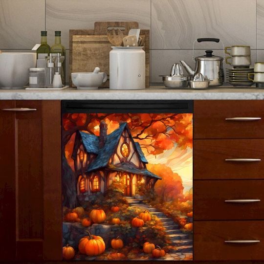 Discover Stained Glass Autumn Cottage with Pumpkins Dishwasher Cover